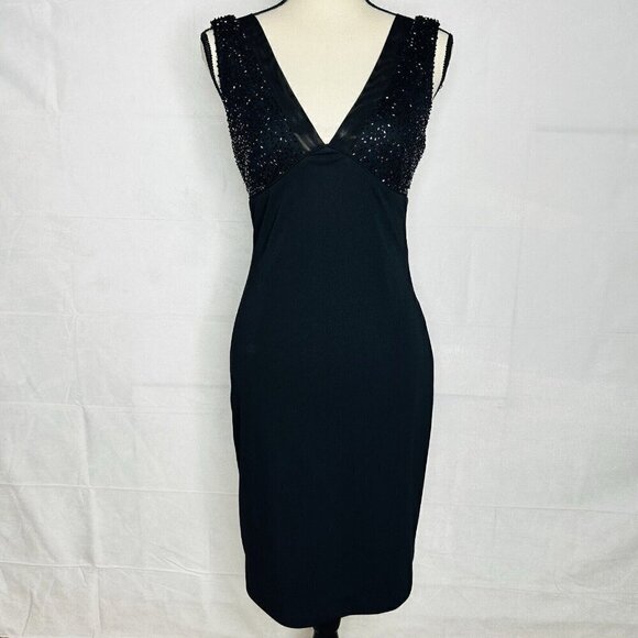 Cache Black Cocktail Dress 90s Y2K Black Sz 2 Beaded Top Vintage V-Neck - Picture 1 of 10